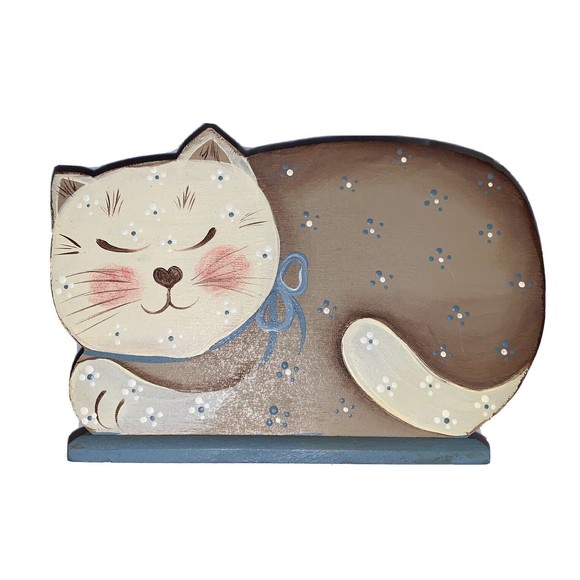 Vintage Folk Art Cat Carved Wood Bank Hand Painted Blue Flowers Tan Brown 6” - Picture 1 of 12